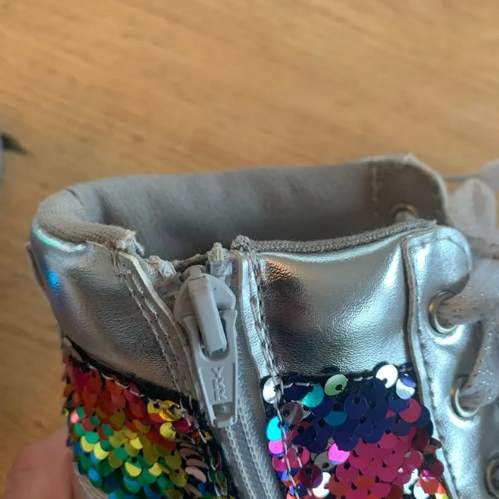 Girls Sequin High Top Sneakers Rainbow Side Zip Silver Shoes‎